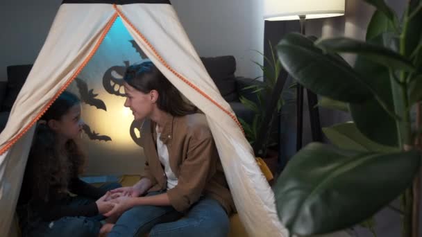 Fun Little School Daughter Child Sitting Cozy Tent Shadow Bats — Video