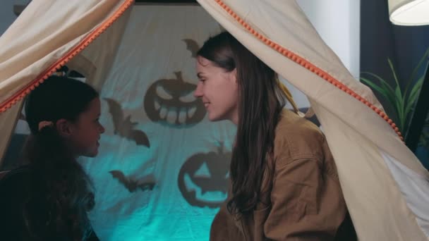 Fun Young Mother Cute Little Daughter Sitting Dark Tent Tell — Vídeos de Stock