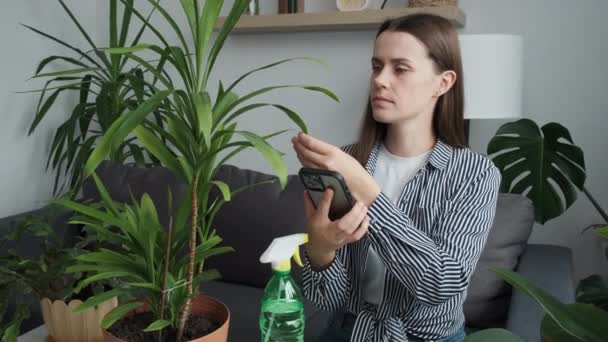 Anxious Young Brunette Woman Holding Smartphone Reading Information Plant Diseases — Stok video