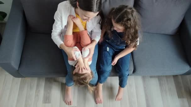 Top View Smiling Young Mother Small Childs Having Fun Happy — Stockvideo