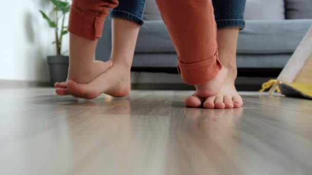 Selective Focus Little Daughter Child Staying Mother Feet Learning Dancing — Video