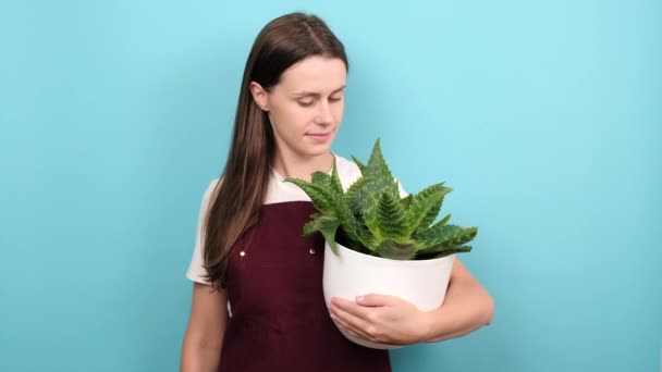 Cheerful Young Woman Uniform Holding Plant Posing Isolated Blue Color — Stock Video
