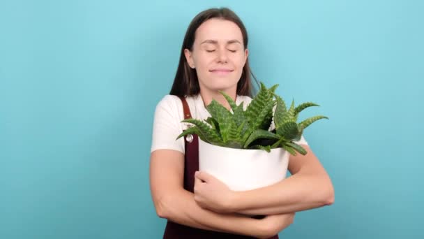 Portrait Delighted Attractive Young Woman Gardening Hugging Green Plant White — Wideo stockowe