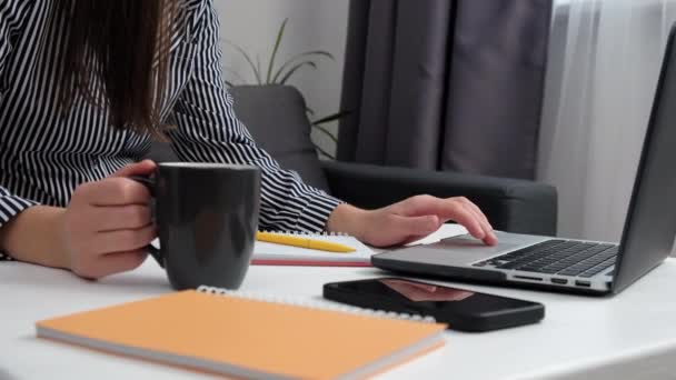 Close Mãos Femininas Trabalhando Computador Digitando Teclado Segure Xícara Café — Vídeo de Stock