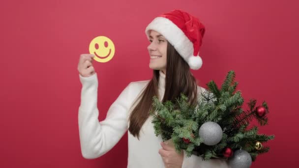 Portrait Happy Young Woman Santa Hat Holding Bouquet Spruce Branches — Stock Video