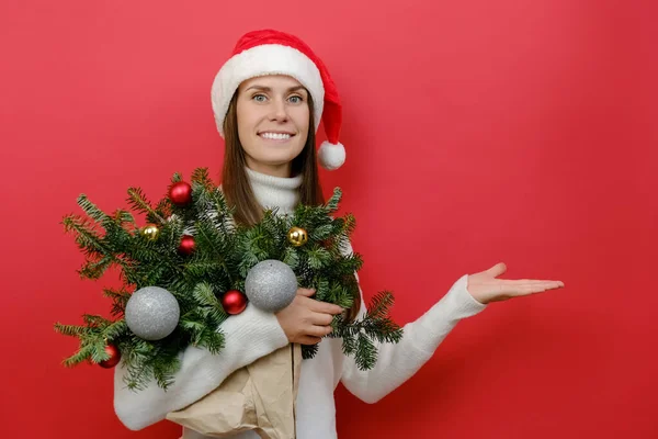 Merry Young Santa Woman Wears White Sweater Christmas Hat Hold — Stock Photo, Image
