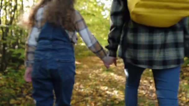Fokus Selektif Putri Kecil Bertopi Berpegangan Tangan Dengan Ibu Berjalan — Stok Video