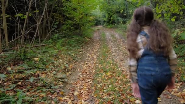 Viajante Pequena Filha Jovem Mãe Andando Bela Floresta Calma Outono — Vídeo de Stock