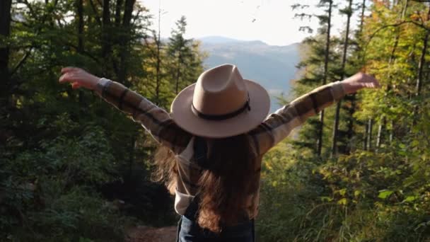 Visão Traseira Criança Menina Feliz Chapéu Contra Floresta Outono Montanhas — Vídeo de Stock