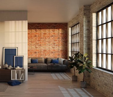 3D tasviri, büyük lüks, modern, parlak iç mekânlar sunuyor. Oturma odasındaki model bilgisayarlar dijital olarak oluşturuluyor.