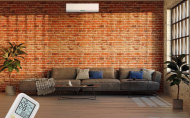 Büyük lüks, modern, aydınlık bir oturma odası. Klima modelleme çizimi 3D.