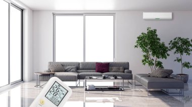 Büyük lüks, modern, aydınlık bir oturma odası. Klima modelleme çizimi 3D.