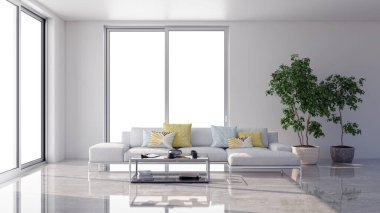 3D tasviri, büyük lüks, modern, parlak iç mekânlar sunuyor. Oturma odasındaki model bilgisayarlar dijital olarak oluşturuluyor.