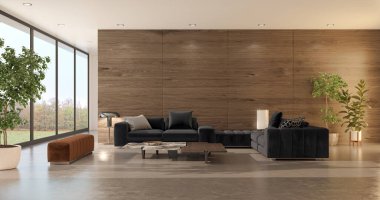 3D tasviri, büyük lüks, modern, parlak iç mekânlar sunuyor. Oturma odasındaki model bilgisayarlar dijital olarak oluşturuluyor.