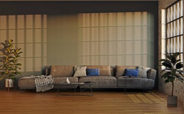 3D tasviri, büyük lüks, modern, parlak iç mekânlar sunuyor. Oturma odasındaki model bilgisayarlar dijital olarak oluşturuluyor.