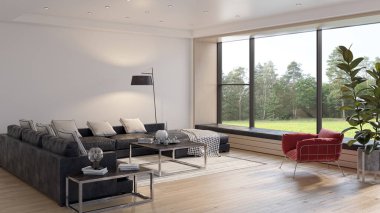 3D tasviri, büyük lüks, modern, parlak iç mekânlar sunuyor. Oturma odasındaki model bilgisayarlar dijital olarak oluşturuluyor.