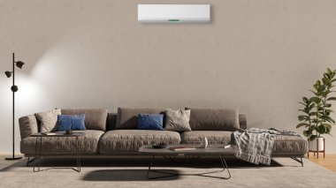 Büyük lüks, modern, aydınlık bir oturma odası. Klima modelleme çizimi 3D.