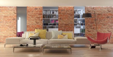 3D tasviri, büyük lüks, modern, parlak iç mekânlar sunuyor. Oturma odasındaki model bilgisayarlar dijital olarak oluşturuluyor.