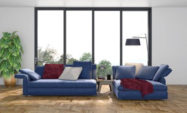 3D tasviri, büyük lüks, modern, parlak iç mekânlar sunuyor. Oturma odasındaki model bilgisayarlar dijital olarak oluşturuluyor.