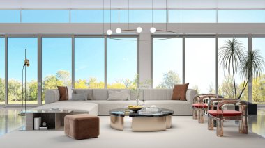 3D tasviri, büyük lüks, modern, parlak iç mekânlar sunuyor. Oturma odasındaki model bilgisayarlar dijital olarak oluşturuluyor.