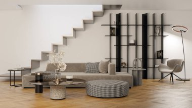 3D tasviri, büyük lüks, modern, parlak iç mekânlar sunuyor. Oturma odasındaki model bilgisayarlar dijital olarak oluşturuluyor.