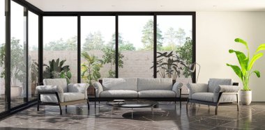 3D tasviri, büyük lüks, modern, parlak iç mekânlar sunuyor. Oturma odasındaki model bilgisayarlar dijital olarak oluşturuluyor.