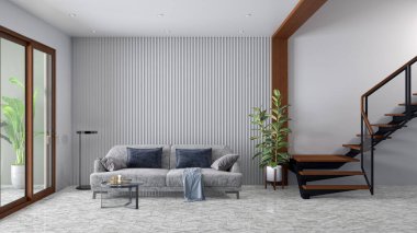 3D tasviri, büyük lüks, modern, parlak iç mekânlar sunuyor. Oturma odasındaki model bilgisayarlar dijital olarak oluşturuluyor.