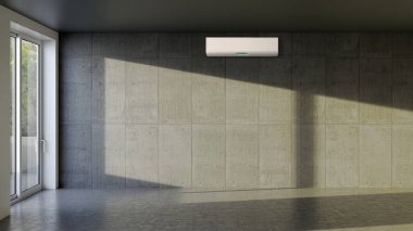 Büyük lüks, modern, aydınlık bir oturma odası. Klima modelleme çizimi 3D.