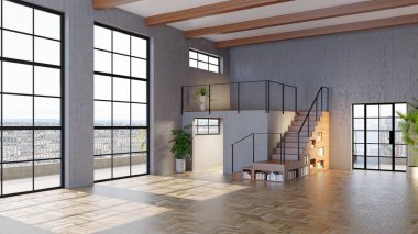 3D tasviri, büyük lüks, modern, parlak iç mekânlar sunuyor. Oturma odasındaki model bilgisayarlar dijital olarak oluşturuluyor.