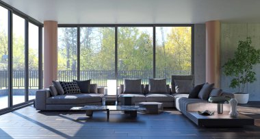 3D tasviri, büyük lüks, modern, parlak iç mekânlar sunuyor. Oturma odasındaki model bilgisayarlar dijital olarak oluşturuluyor.