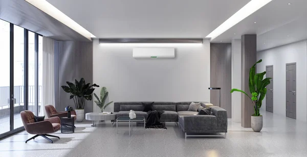 Velký Luxusní Moderní Světlé Interiéry Obývací Pokoj Klimatizací Mockup Ilustrace — Stock fotografie