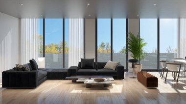 3D tasviri, büyük lüks, modern, parlak iç mekânlar sunuyor. Oturma odasındaki model bilgisayarlar dijital olarak oluşturuluyor.