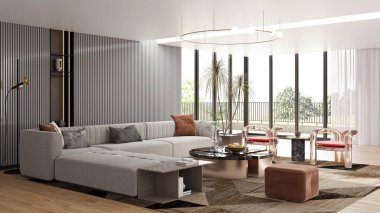 3D tasviri, büyük lüks, modern, parlak iç mekânlar sunuyor. Oturma odasındaki model bilgisayarlar dijital olarak oluşturuluyor.