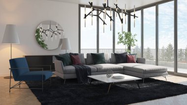 3D tasviri, büyük lüks, modern, parlak iç mekânlar sunuyor. Oturma odasındaki model bilgisayarlar dijital olarak oluşturuluyor.