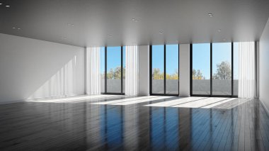 3D tasviri, büyük lüks, modern, parlak iç mekânlar sunuyor. Oturma odasındaki model bilgisayarlar dijital olarak oluşturuluyor.