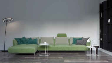 3D tasviri, büyük lüks, modern, parlak iç mekânlar sunuyor. Oturma odasındaki model bilgisayarlar dijital olarak oluşturuluyor.