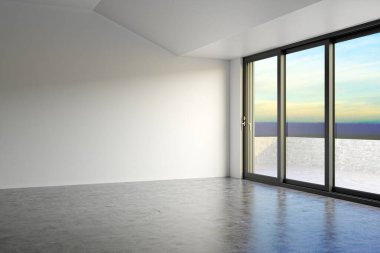 3D tasviri, büyük lüks, modern, parlak iç mekânlar sunuyor. Oturma odasındaki model bilgisayarlar dijital olarak oluşturuluyor.