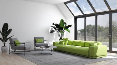 3D tasviri, büyük lüks, modern, parlak iç mekânlar sunuyor. Oturma odasındaki model bilgisayarlar dijital olarak oluşturuluyor.