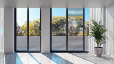 3D tasviri, büyük lüks, modern, parlak iç mekânlar sunuyor. Oturma odasındaki model bilgisayarlar dijital olarak oluşturuluyor.