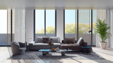 3D tasviri, büyük lüks, modern, parlak iç mekânlar sunuyor. Oturma odasındaki model bilgisayarlar dijital olarak oluşturuluyor.