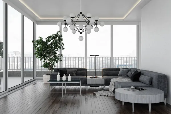 Ilustración Renderizado Grandes Interiores Luminosos Modernos Lujo Sala Estar Maqueta — Foto de Stock