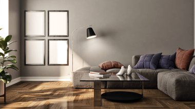 3D tasviri, büyük lüks, modern, parlak iç mekânlar sunuyor. Oturma odasındaki model bilgisayarlar dijital olarak oluşturuluyor.