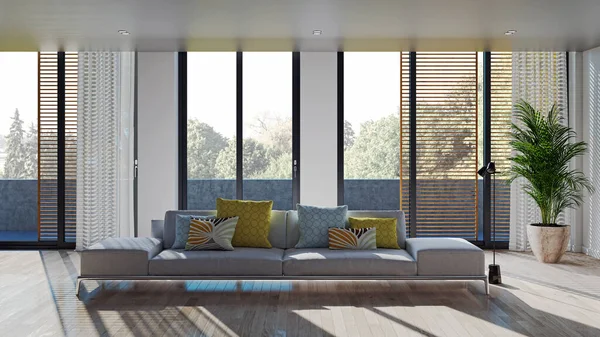 3D tasviri, büyük lüks, modern, parlak iç mekânlar sunuyor. Oturma odasındaki model bilgisayarlar dijital olarak oluşturuluyor.