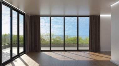 3D tasviri, büyük lüks, modern, parlak iç mekânlar sunuyor. Oturma odasındaki model bilgisayarlar dijital olarak oluşturuluyor.