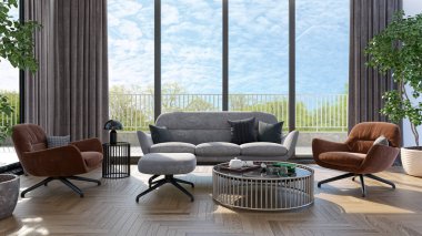 3D tasviri, büyük lüks, modern, parlak iç mekânlar sunuyor. Oturma odasındaki model bilgisayarlar dijital olarak oluşturuluyor.