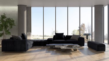 3D tasviri, büyük lüks, modern, parlak iç mekânlar sunuyor. Oturma odasındaki model bilgisayarlar dijital olarak oluşturuluyor.