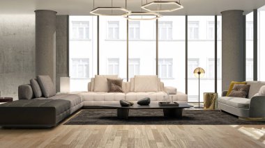 3D tasviri, büyük lüks, modern, parlak iç mekânlar sunuyor. Oturma odasındaki model bilgisayarlar dijital olarak oluşturuluyor.