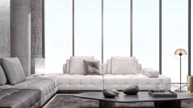 3D tasviri, büyük lüks, modern, parlak iç mekânlar sunuyor. Oturma odasındaki model bilgisayarlar dijital olarak oluşturuluyor.