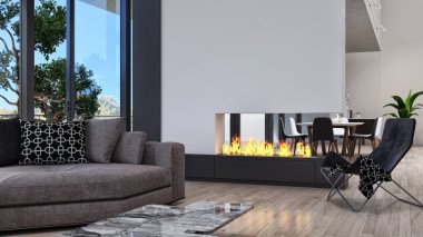 3D tasviri, büyük lüks, modern, parlak iç mekânlar sunuyor. Oturma odasındaki model bilgisayarlar dijital olarak oluşturuluyor.