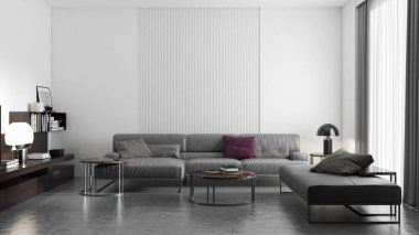 3D tasviri, büyük lüks, modern, parlak iç mekânlar sunuyor. Oturma odasındaki model bilgisayar dijital olarak üretiliyor.